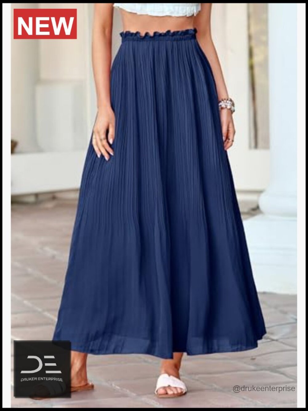 Flowy A-Line Pleated Midi Skirt with Elastic Waist, Solid - Picture 2 of 7